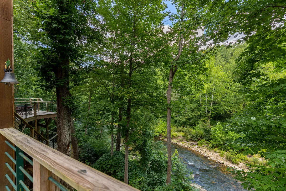 This image features a tranquil river bordered by lush greenery, with a wooden railing in view. The flowing water and abundant trees immediately evoke a sense of connection to nature and the outdoors, hinting at riverfront access and the abundant wildlife and outdoor recreation opportunities available year-round.